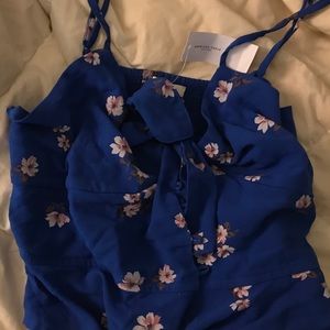 AEO Blue Floral Crop Tie Front Button Up Tank Top